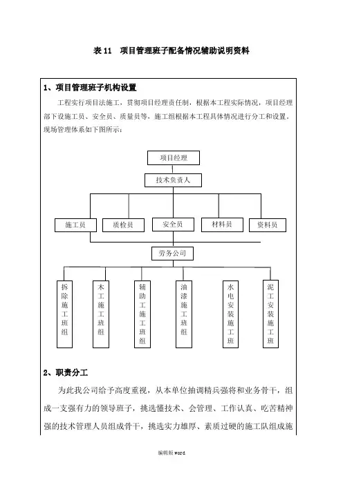 项目管理班子配备情况辅助说明资料完整版本