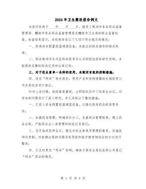 2024年卫生整改报告例文（三篇）
