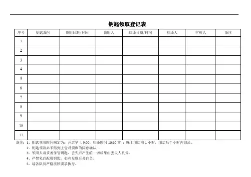 钥匙领取登记表