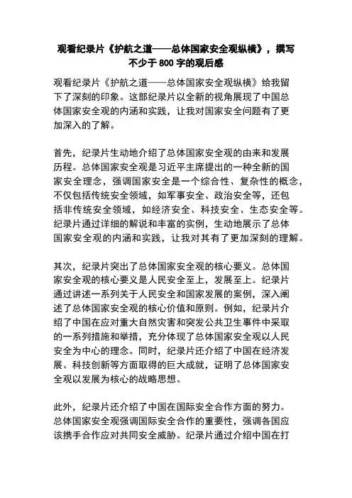 观看纪录片《护航之道——总体国家安全观纵横》,撰写不少于800字的观后感