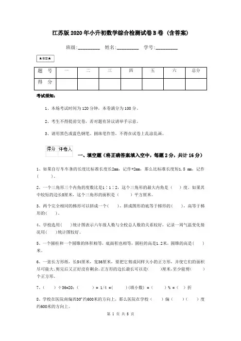 江苏版2020年小升初数学综合检测试卷B卷 (含答案)