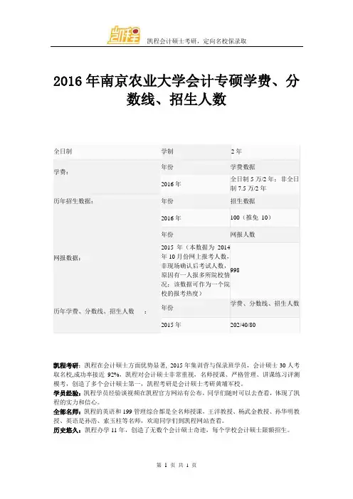 2016年南京农业大学会计专硕学费、分数线、招生人数