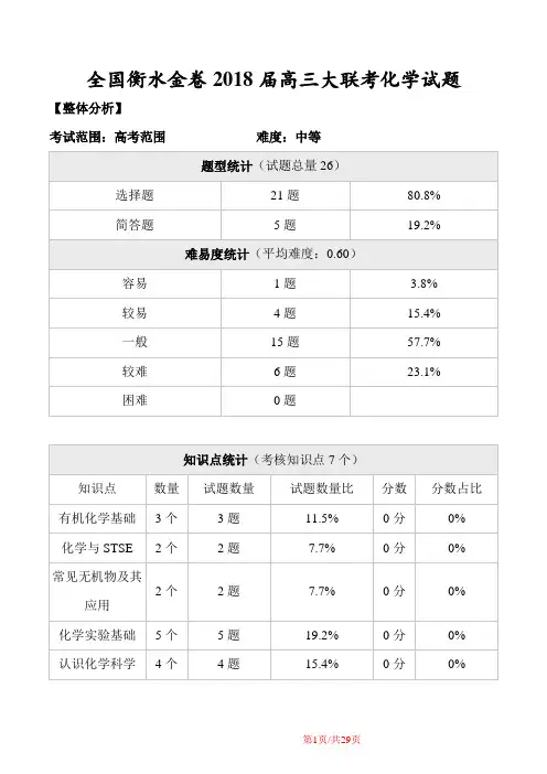全国衡水金卷2018届高三大联考化学试题2