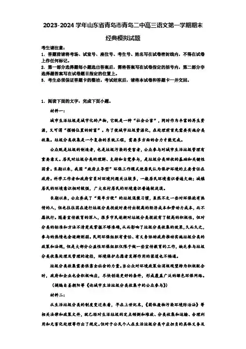 2023-2024学年山东省青岛市青岛二中高三语文第一学期期末经典模拟试题含解析