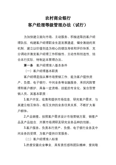 农村商业银行客户经理等级管理办法(试行)