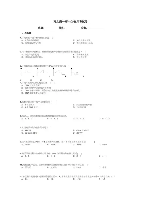 河北高一高中生物月考试卷带答案解析
