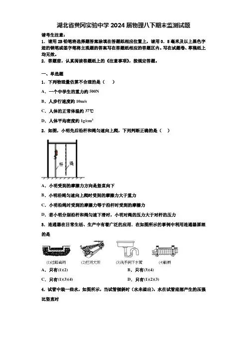 湖北省黄冈实验中学2024届物理八下期末监测试题含解析