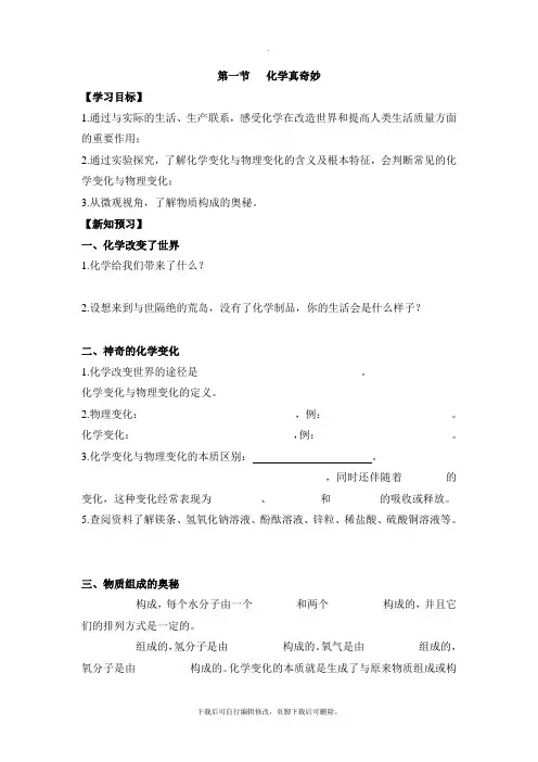 鲁教版五四制化学八年级全册1.1《化学真奇妙》学案1