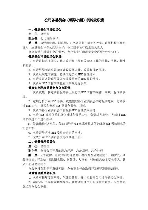 公司各委员会(领导小组)机构及职责