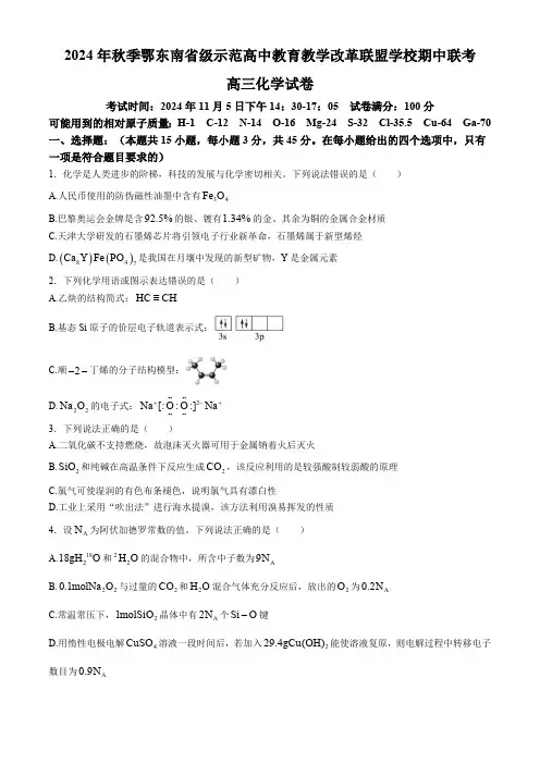 湖北省鄂东南省级示范高中教育教学改革联盟学校2024-2025学年高三上学期期中考试 化学试题 