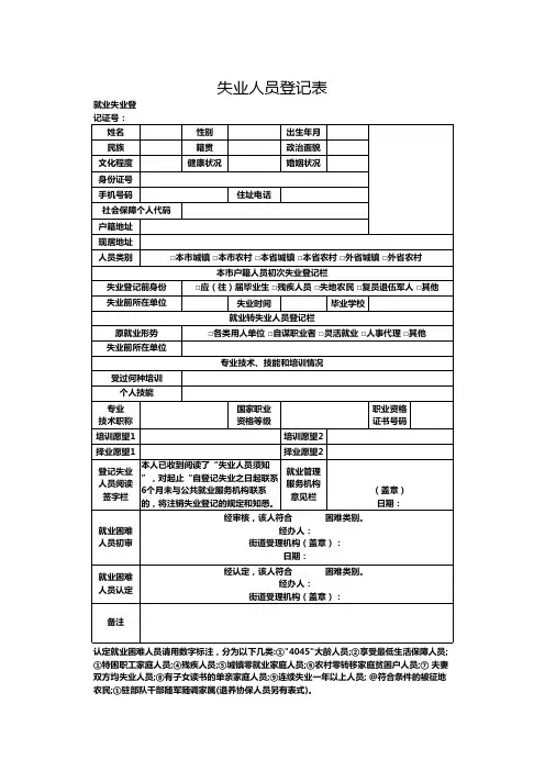失业人员登记表