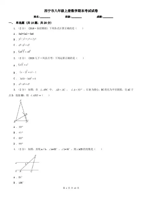 西宁市八年级上册数学期末考试试卷
