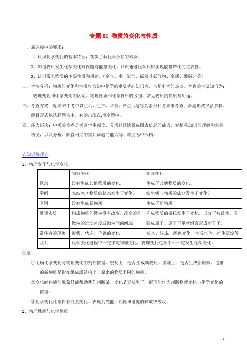 (百日捷进提升系列)2014年中考化学备考 专题01 物质的变化与性质(含解析)