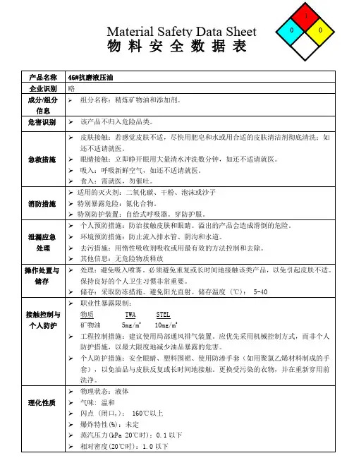 46抗磨液压油 MSDS
