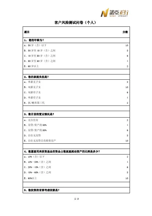客户风险测试问卷(个人)