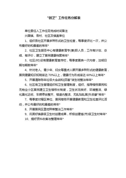 “创卫”工作任务分解表