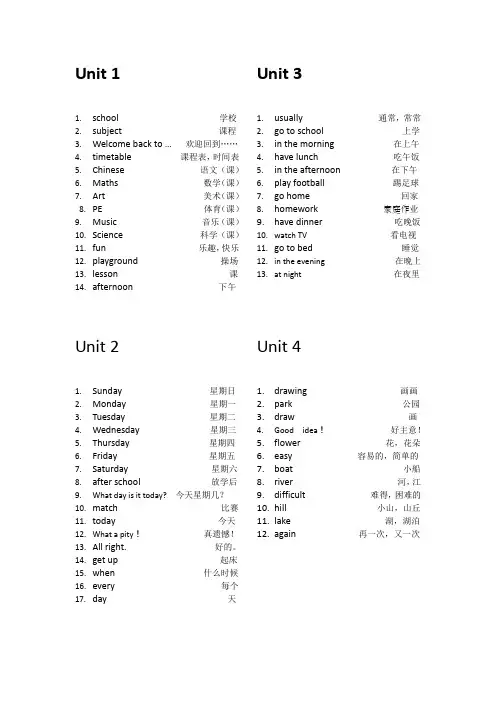 (完整word版)译林版小学英语四年级下册单词