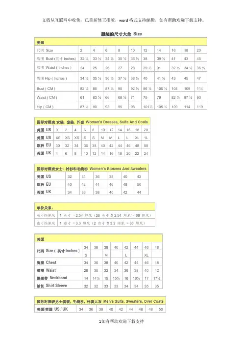 美国英国中国服装尺码大全和对比