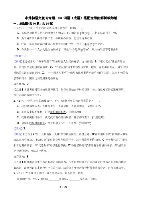 小升初语文复习专题：03 词语(成语)搭配运用附解析教师版