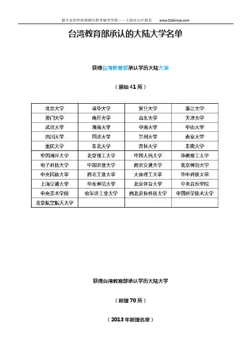 台湾教育部承认的大陆大学名单