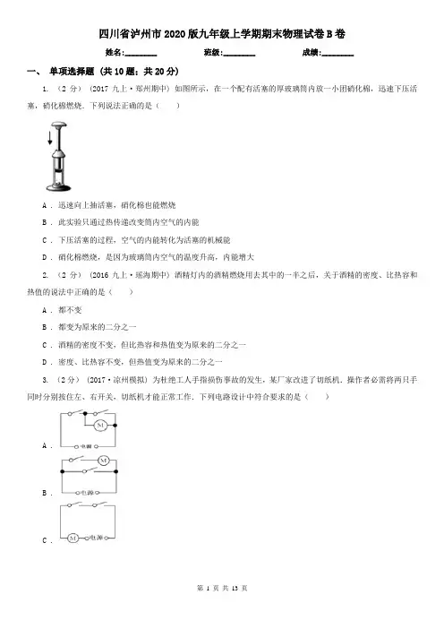 四川省泸州市2020版九年级上学期期末物理试卷B卷