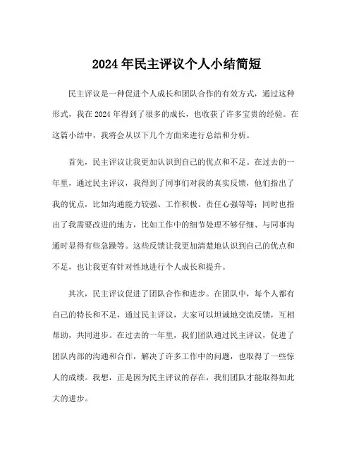 2024年民主评议个人小结简短