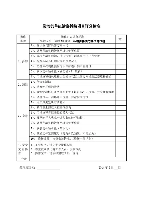 发动机单缸活塞拆装项目评分标准