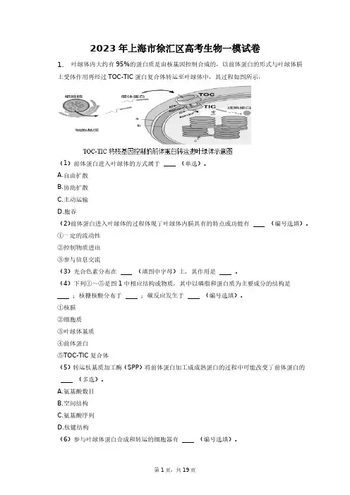 2023年上海市徐汇区高考生物一模试卷+答案解析(附后)