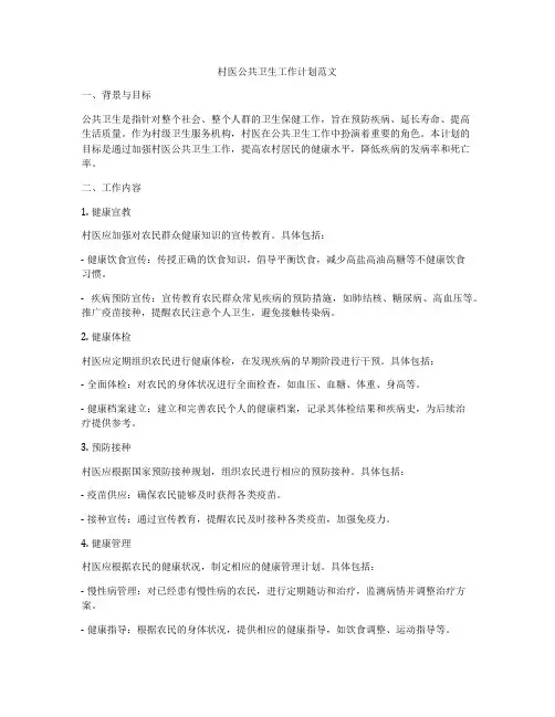 村医公共卫生工作计划范文