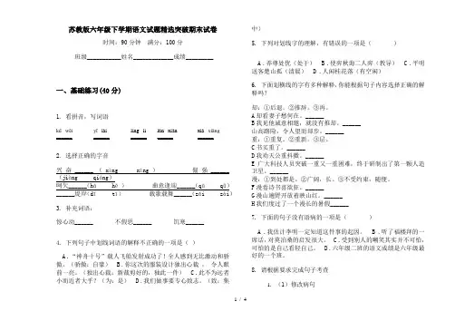 苏教版六年级下学期语文试题精选突破期末试卷
