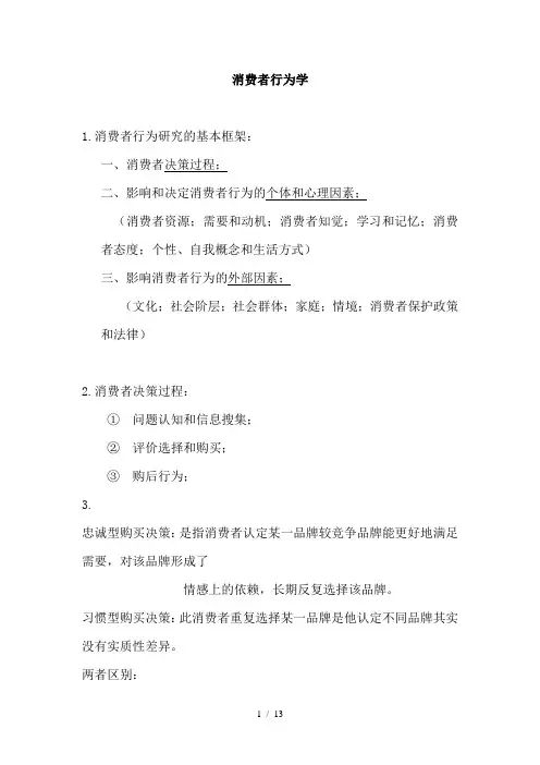 消费者行为学复习要点