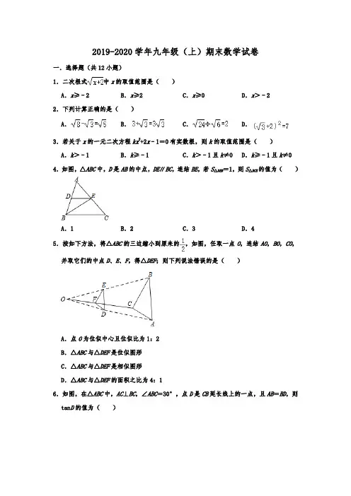 四川省眉山市仁寿县2019-2020年九年级(上)期末数学试卷  解析版