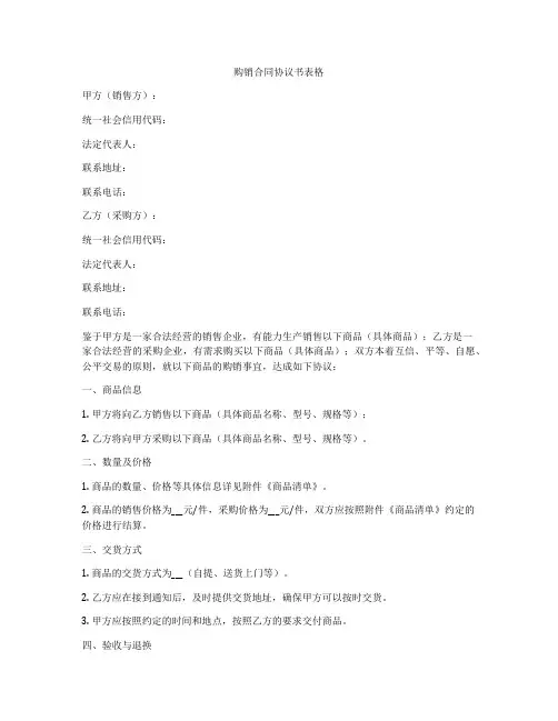购销合同协议书表格