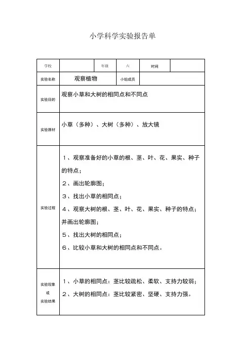 小学科学实验报告单(3-6年级)
