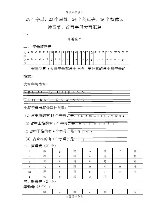 26个字母23个声母24个韵母表16个整体认读音节首写字母大写汇总