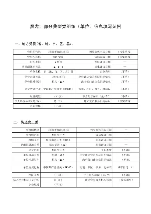 黑龙江部分典型党组织（单位）信息填写范例