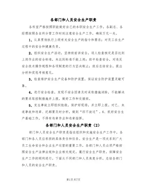 各部门和人员安全生产职责（5篇）