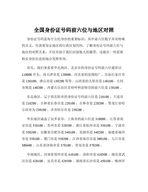 全国身份证号码前六位与地区对照