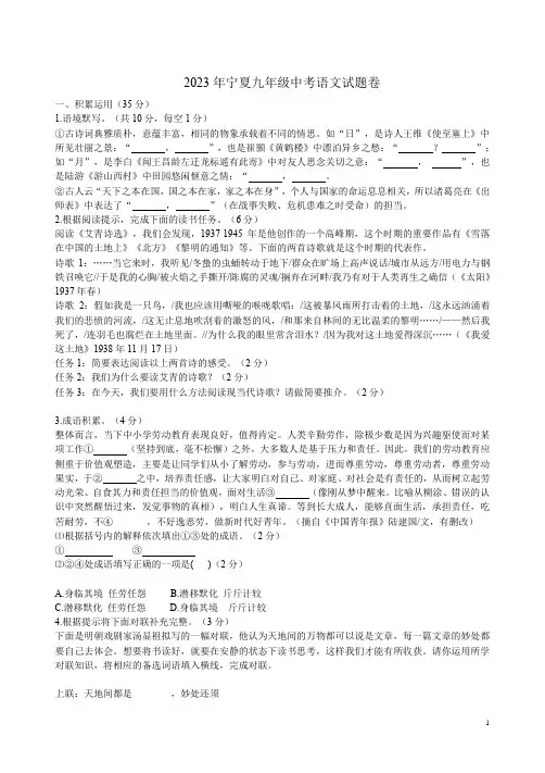 2023年宁夏九年级中考语文试题卷