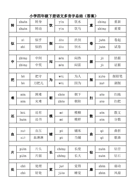 小学四年级下册语文多音字总结答案