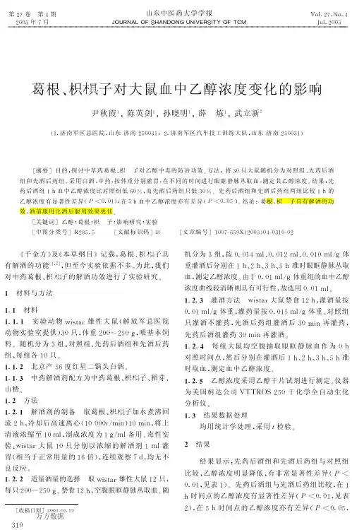 葛根、枳椇子对大鼠血中乙醇浓度变化的影响