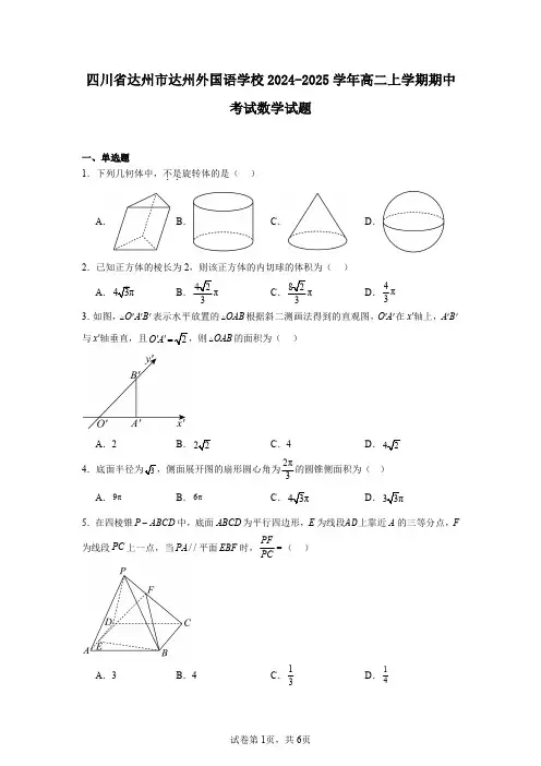 四川省达州市达州外国语学校2024-2025学年高二上学期期中考试数学试题
