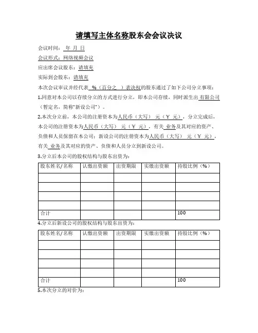 股东会决议（存续分立）