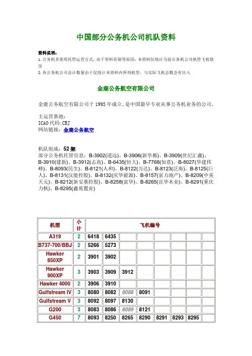 中国部分公务机公司机队资料