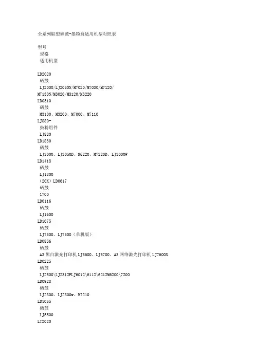 全系列联想硒鼓-墨粉盒适用机型对照表