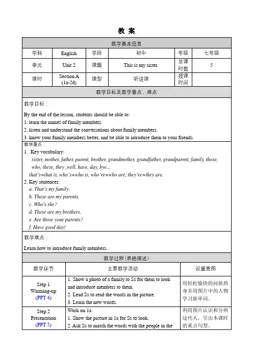 人教版七年级英语上册教案 Unit 2 Section A 1a-2d