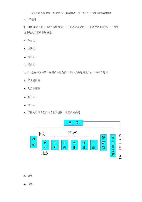 人教版高一历史必修一单元测试：第一单元 古代中国的政治制度(含解析)