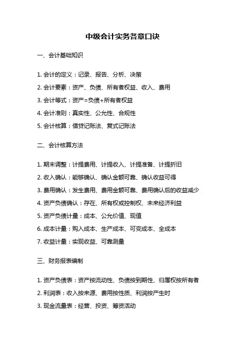 中级会计实务各章口诀