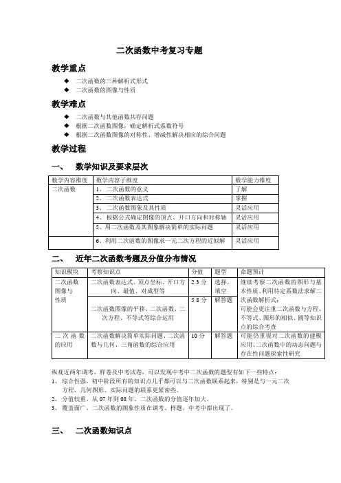 人教版初三数学上册第22章：二次函数总复习课教学设计