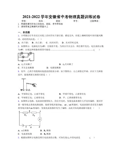 2021-2022学年安徽省中考物理真题训练试卷附解析